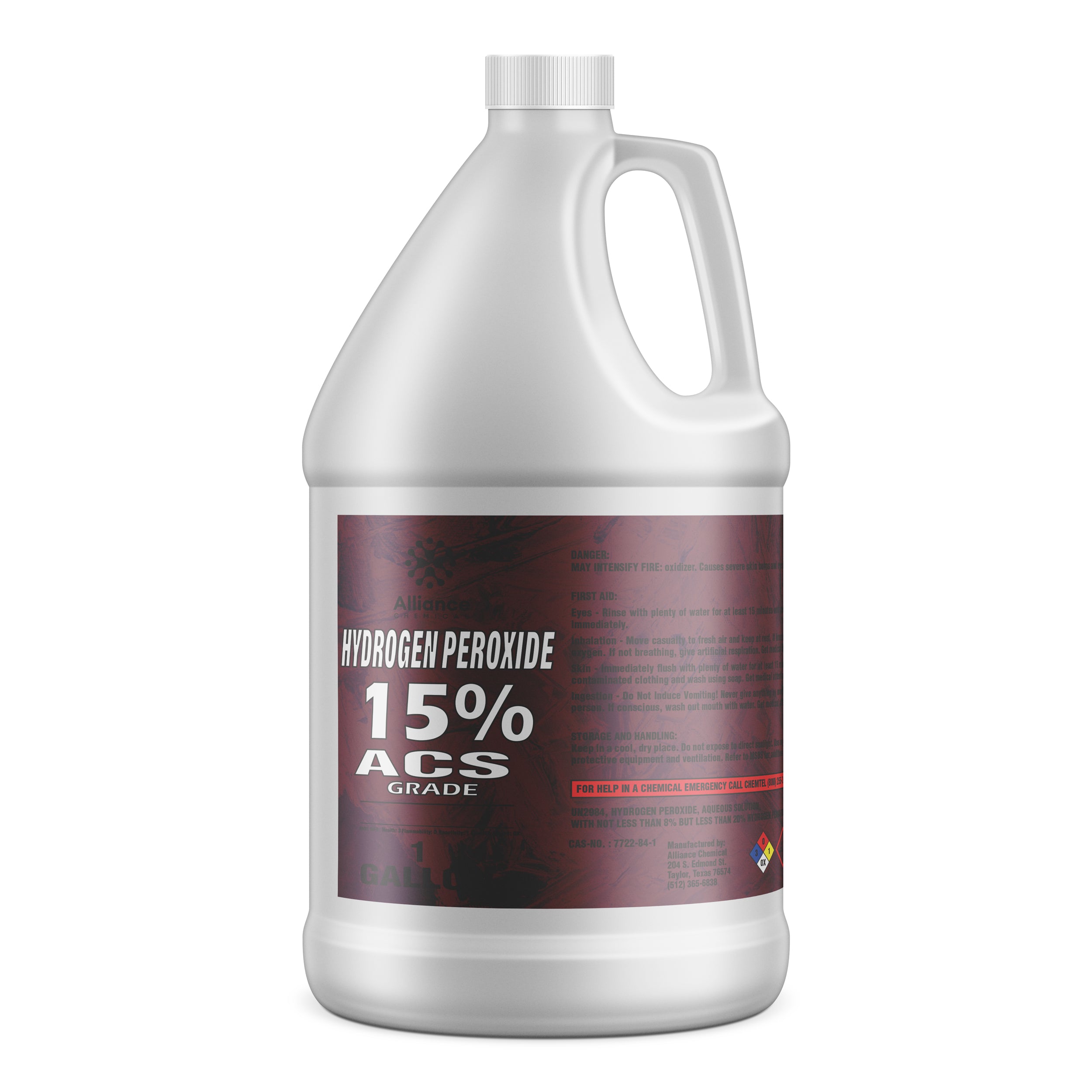 One-gallon white HDPE jug of 15% ACS-grade hydrogen peroxide with burgundy safety label and NFPA diamond hazard warning symbol.